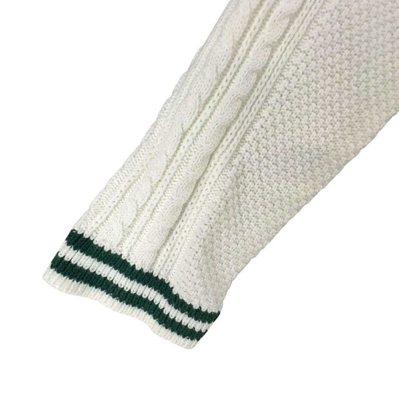 RSQ Cream Cable Knit Varsity Cardigan Sweater V-Neck Green Stripe Size M NWT - Picture 9 of 12